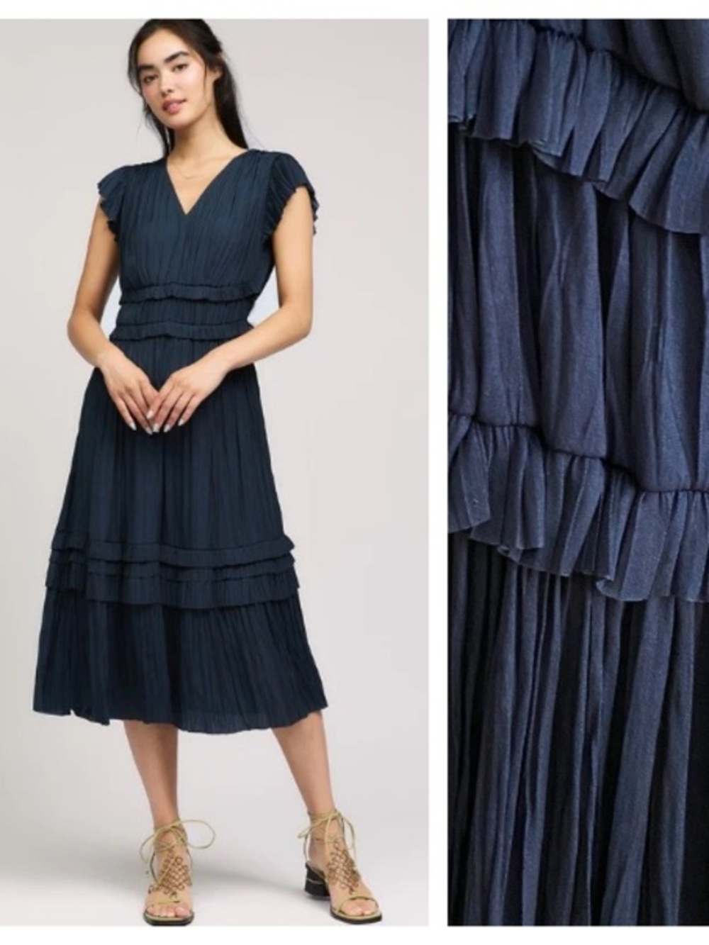 Current Air Navy Blue Sereia Pleated Satin Midi Dress XS